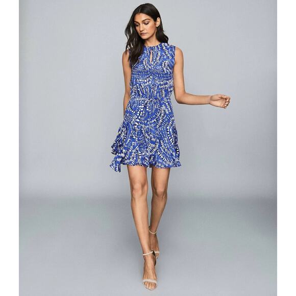 Reiss Elsie Geo Print Dress Blue Coastal Grandma Casual Sz 10 Event Nautical - Picture 2 of 8